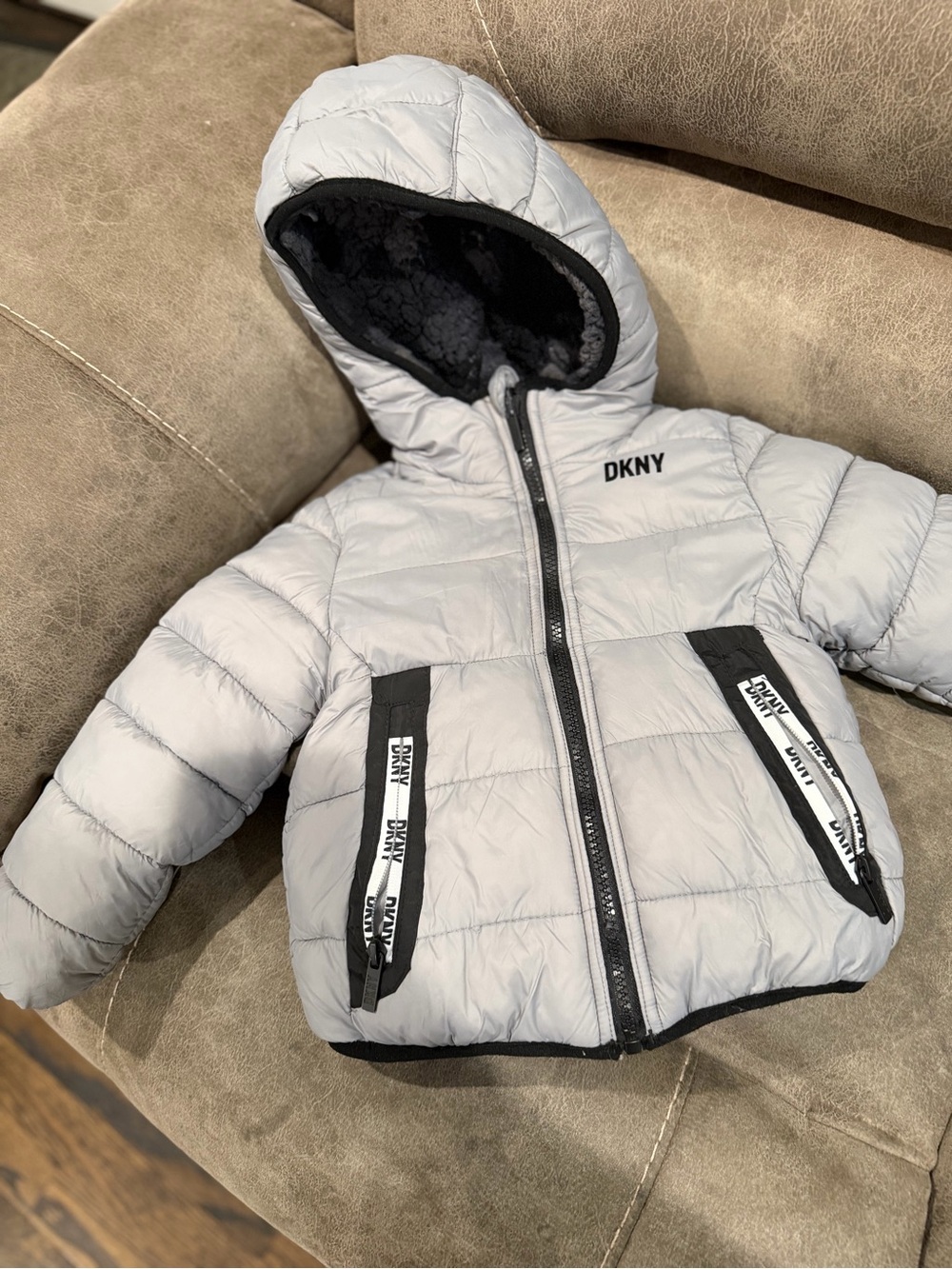 DKNY Light Gray Hooded Puffer Jacket with Black Trim